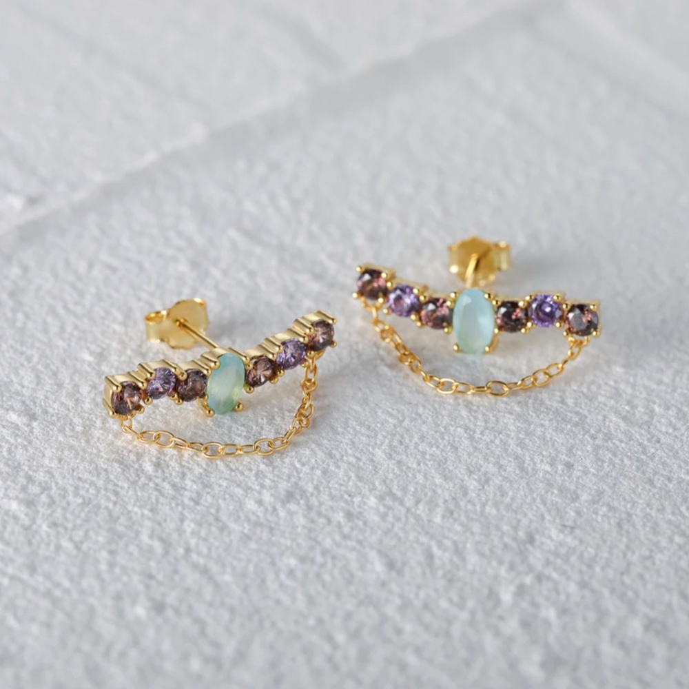 Sterling Silver Gold Toned Colorful Zircon Chain Earrings - Picture 2 of 6